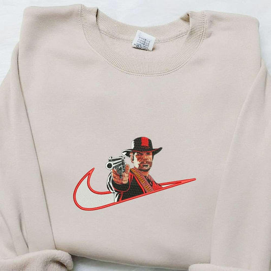 Arthur Morgan Red Dead X Nike Swoosh Embroidered Shirt Video Game Characters Embroidered Hoodie Nike Inspired Embroidered Sweatshirt