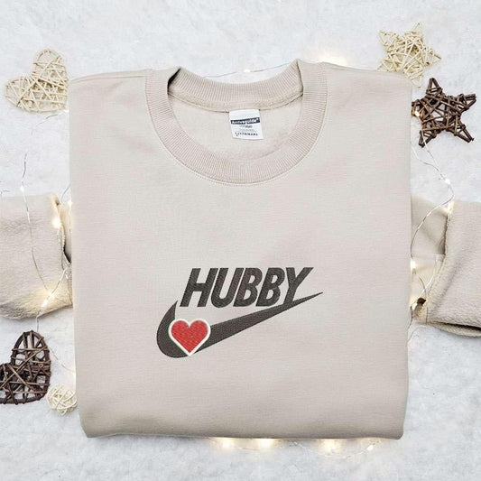 Hubby Heart x Nike Swoosh Embroidered Shirt Valentine Embroidered Hoodie Best Gift For Husband