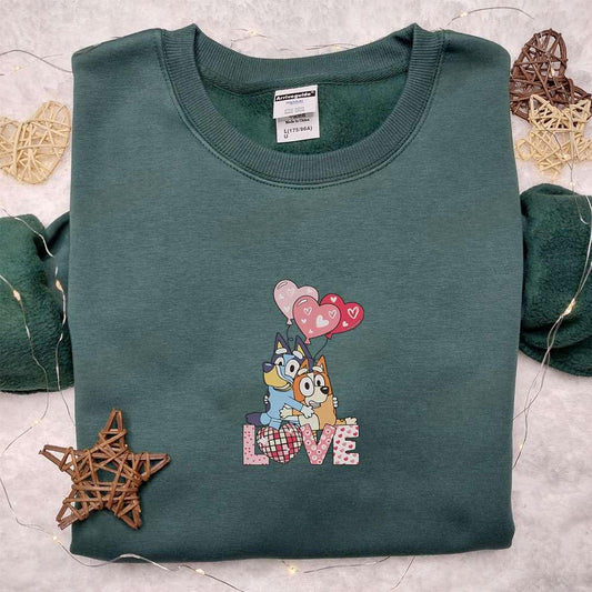 Bluey Love Heart Balloons Embroidered Shirt Cartoon Embroidered Hoodie Best Valentines Day Gifts