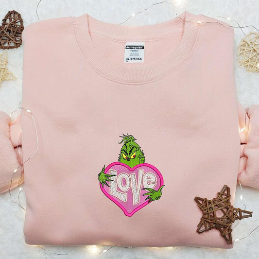 Grinch Love Pink Heart Embroidered Sweatshirt Movie Valentine Embroidered Hoodie Best Valentine Gift For Couples