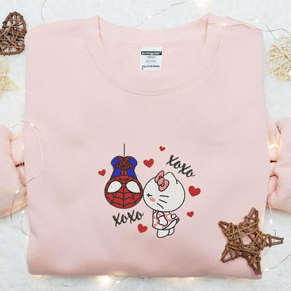 Hello Kitty Kiss Spider Man Embroidered Shirt Cartoon Embroidered Hoodie Best Valentine Gift Ideas