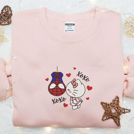 Hello Kitty Kiss Spider Man Embroidered Shirt Cartoon Embroidered Hoodie Best Valentine Gift Ideas