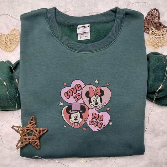 Mickey And Minnie Love Is Magic Embroidered Shirt Disney Characters Embroidered Hoodie Best Valentines Day Gifts