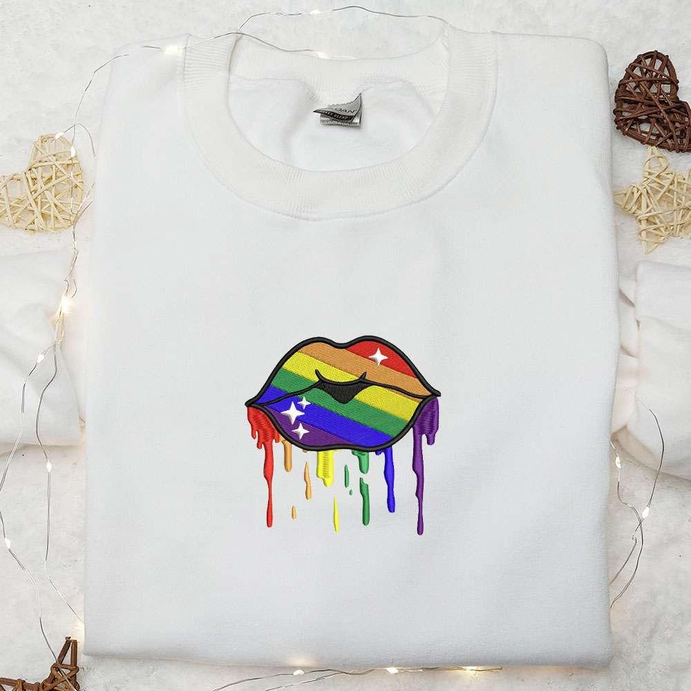 LGBT Rainbow Dripping Lips Embroidered Shirt Valentine Embroidered Hoodie Best Gift Ideas