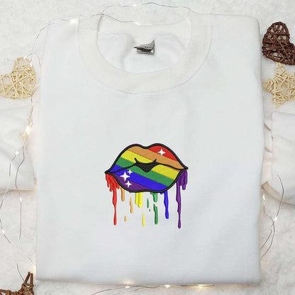 LGBT Rainbow Dripping Lips Embroidered Shirt Valentine Embroidered Hoodie Best Gift Ideas