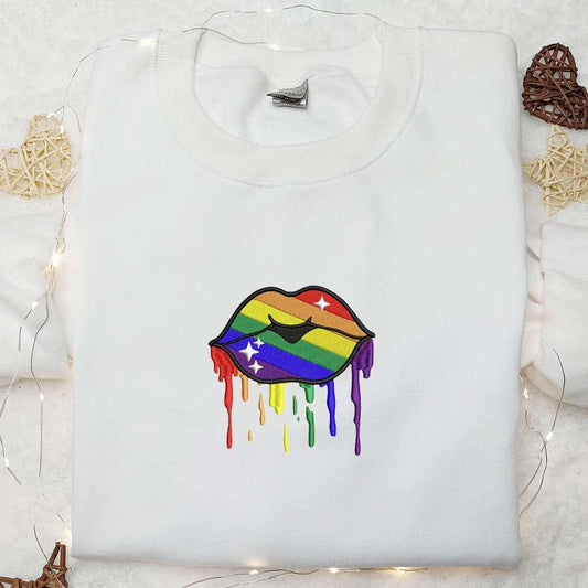 LGBT Rainbow Dripping Lips Embroidered Shirt Valentine Embroidered Hoodie Best Gift Ideas