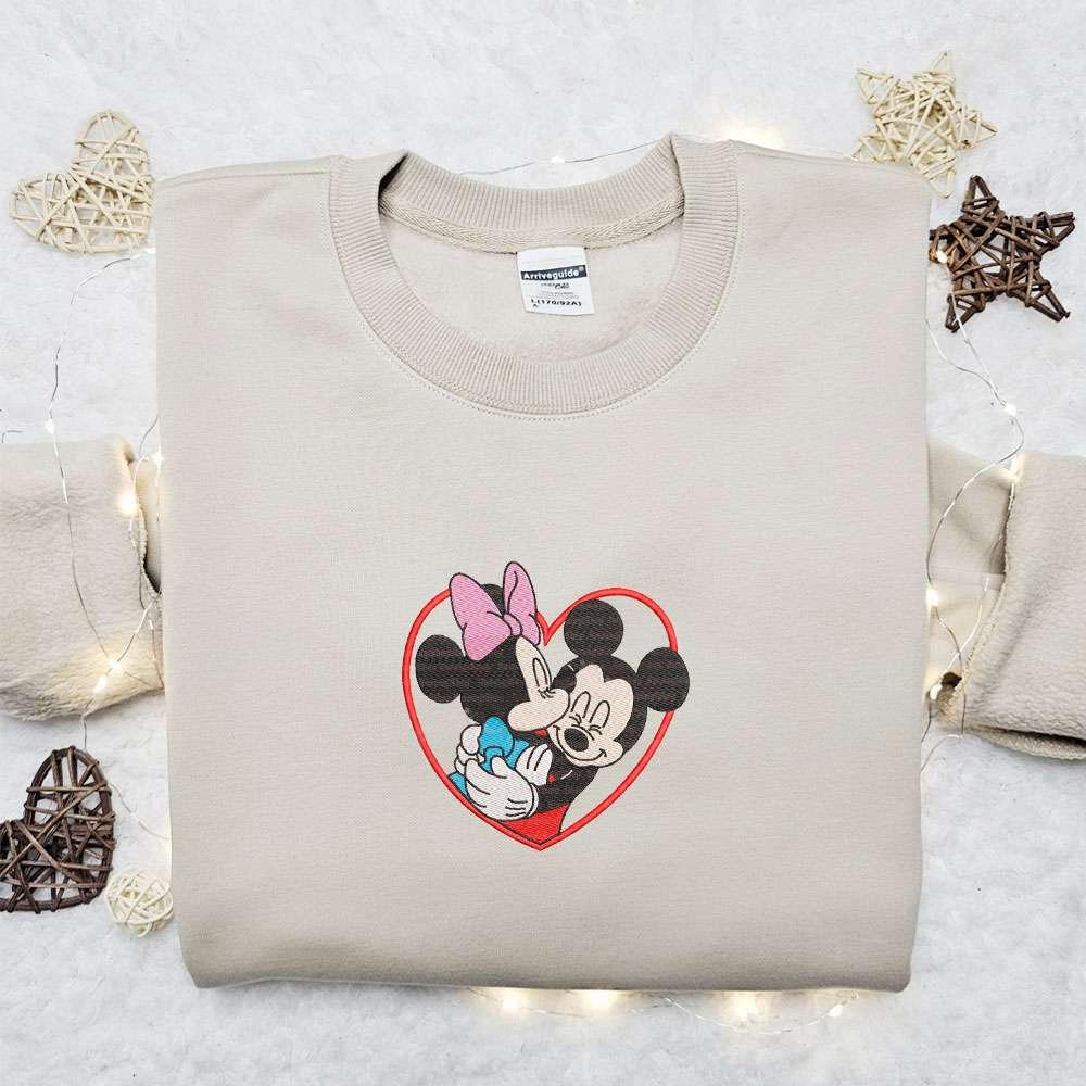 Mickey And Minnie Kissing Heart Frame Embroidered Shirt Disney Characters Embroidered Hoodie Best Valentine Gift Idea