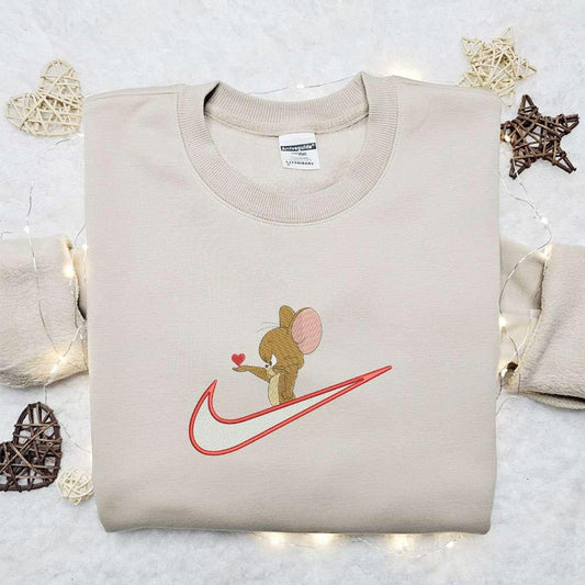 Jerry Give Heart x Swoosh Embroidered Sweatshirt Tom and Jerry Embroidered Shirt Best Gift Ideas For All Occasions
