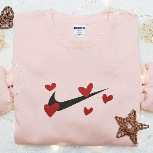 Red Hearts x Nike Swoosh Embroidered Shirt Valentine Embroidered Hoodie Nike Inspired Embroidered T Shirt