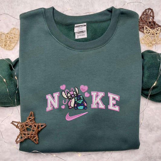 Stitch And Angel Love Hearts x Nike Embroidered Shirt Disney Characters Embroidered Hoodie Valentines Day Embroidered Sweatshirt