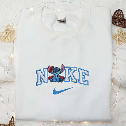 Nike x Stitch With Roses Embroidered Shirt Disney Characters Embroidered Hoodie Best Valentines Day Gift Ideas