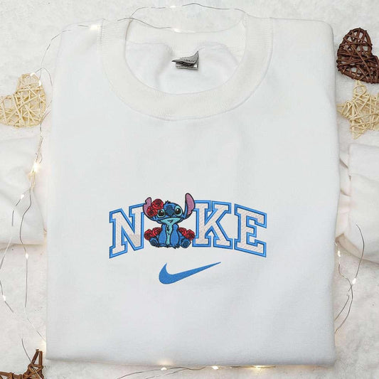 Nike x Stitch With Roses Embroidered Shirt Disney Characters Embroidered Hoodie Best Valentines Day Gift Ideas