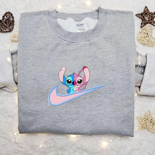 Stitch Angel Couple Love x Nike Swoosh Cartoon Embroidered Shirt Lilo and Stitch Embroidered Shirt Best Gift for Family