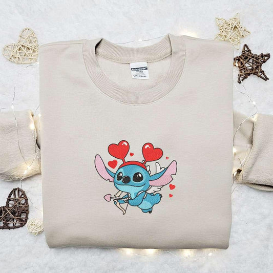 Stitch Cupid Embroidered Hoodie Disney Characters Embroidered Hoodie Best Valentines Day Gift Ideas