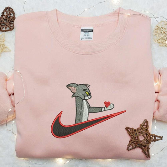 Tom Give Heart x Swoosh Embroidered Sweatshirt Tom and Jerry Cartoon Embroidered Shirt Best Gift Ideas For All Occasions