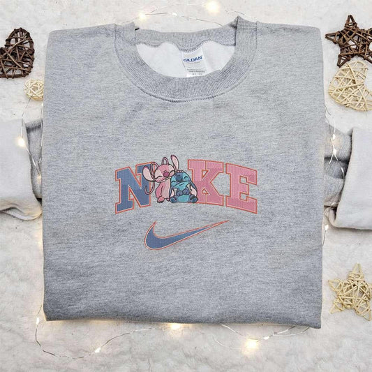 Stitch Angel Couple x Nike Cartoon Embroidered Sweatshirt Walt Disney Characters Embroidered Shirt Best Birthday Gift Ideas for Family