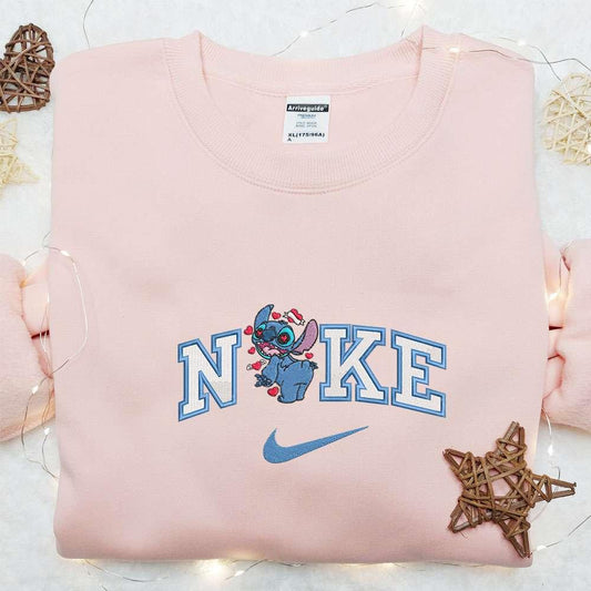 Nike x Stitch With Hearts Embroidered Shirt Disney Characters Embroidered Hoodie Best Valentines Day Gift Ideas