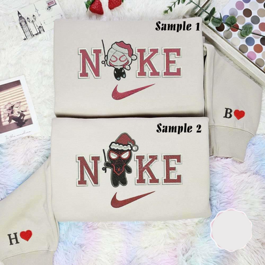 Chibi Spider And Gwen Christmas Embroidered Couples Shirts