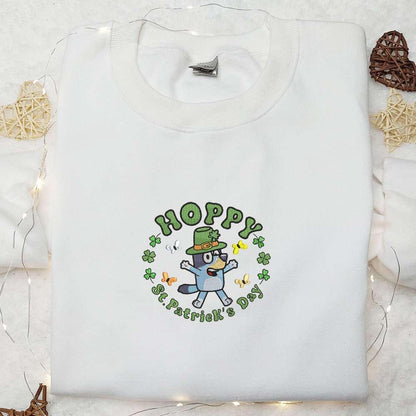 Bluey Hoppy Saint Patricks Day Embroidered Shirt Cartoon Embroidered Hoodie Best Holiday Gift Ideas
