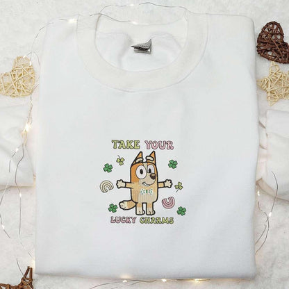 Bingo Take Your Lucky Charm Embroidered Shirt Bluey Cartoon Embroidered Hoodie Saint Patricks Day Gift Ideas