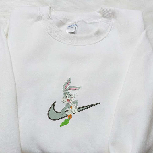 Bugs Bunny Eating Carrot x Nike Swoosh Embroidered Shirt Disney Looney Tunes Embroidered Hoodie Nike Inspired Embroidered Sweatshirt