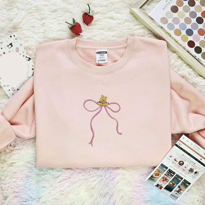 Winnie The Pooh With Ribbon Disney Characters Embroidered Shirt, Best Gift For Couple