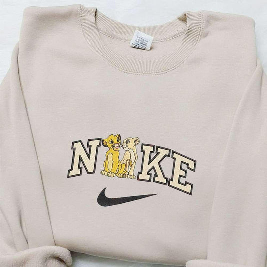 Simba And Nala X Nike Cartoon Embroidered Sweatshirt Disney Characters Embroidered Shirt Custom Embroidered Shirt
