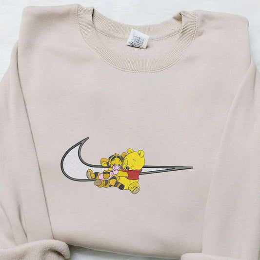 Pooh And Tigger X Swoosh Cartoon Embroidered Shirt Disney Characters Embroidered Hoodie Best Birthday Gift Ideas