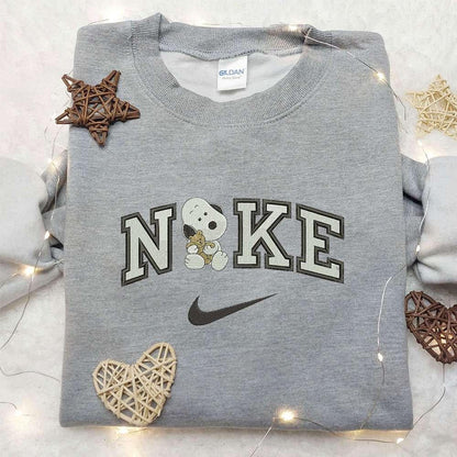 Snoopy And Bear X Nike Embroidered Sweatshirt Peanuts Cartoon Embroidered Shirt Nike Inspired Embroidered Shirt