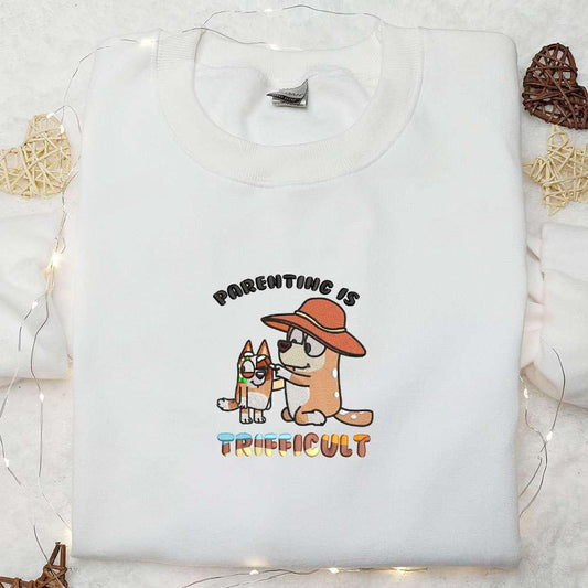 Parenting Is Trifficult Bingo And Chilli Embroidered Shirt Bluey Cartoon Embroidered Hoodie Mothers Day Gift Idea