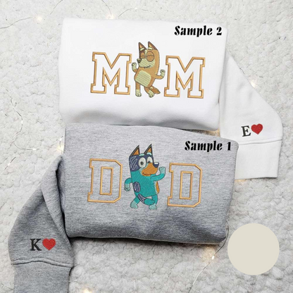 Bingo and Bluey Mom Dad Embroidered Hoodie Couple Embroidered Sweatshirt Best Gifts for Family