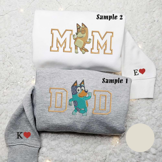 Bingo and Bluey Mom Dad Embroidered Hoodie Couple Embroidered Sweatshirt Best Gifts for Family