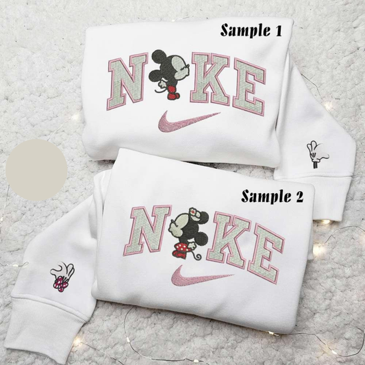 Baby Mickey And Minnie Kiss x Nike Couple Embroidered Shirt Disney Characters Embroidered Hoodie Valentines Day Embroidered Sweatshirt
