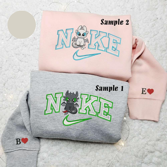 Chibi Toothless And Light Fury x Nike Couple Embroidered Shirt How To Train Your Dragon Cartoon Embroidered Hoodie Valentines Day Embroidered Sweatshirt