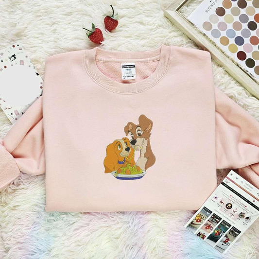 Lady And The Tramp Spaghetti Scene Embroidered Shirt Disney Characters Embroidered Hoodie