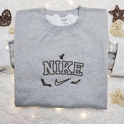 Bats x Nike Swoosh Embroidered Shirt Halloween Embroidered Hoodie Nike Inspired Embroidered Sweatshirt