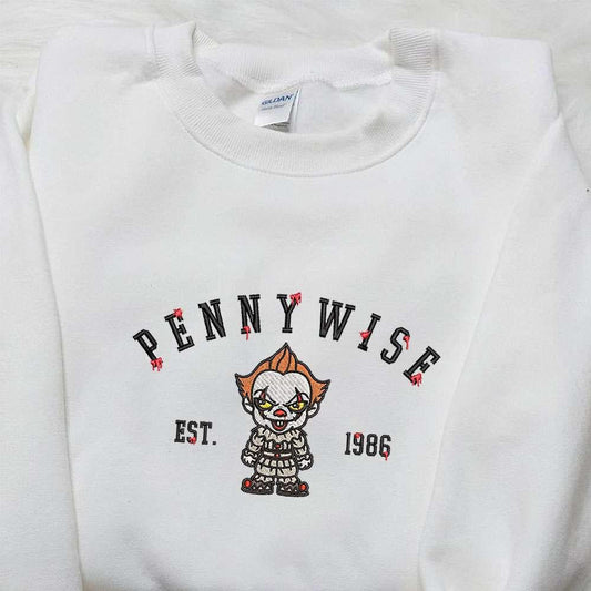 Chibi Pennywise Est 1986 Embroidered Shirt Spooky Halloween Embroidered Hoodie Funny Halloween Embroidered Shirt