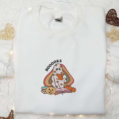 Boo Ghost Reading Booooks Embroidered Shirt Halloween Embroidered Shirt Best Halloween Gift Ideas