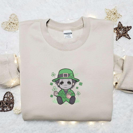 Chibi Michael Myers Shamrock Embroidered Shirt Saint Patricks Day Embroidered Hoodie Best Holiday Gift Ideas