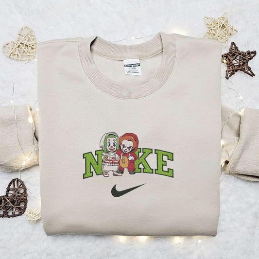 Chibi Joker and Pennywise x Nike Embroidered Sweatshirt Horror Movie Halloween Embroidered Shirt Best Halloween Gift Ideas