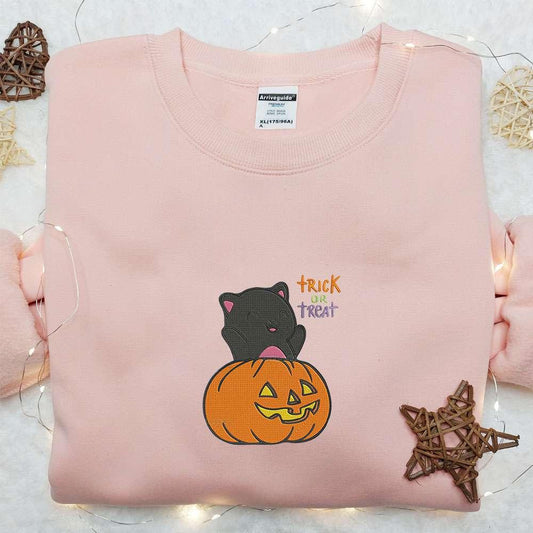 Black Cat Pumpkin Trick Or Treat Embroidered Sweatshirt Cute Halloween Embroidered Hoodie Best Gifts For Family