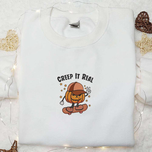 Creep It Real Pumpkin Boy On Skateboard Embroidered Shirt Happy Halloween Embroidered Hoodie Funny Halloween Embroidered T shirt