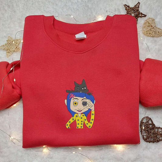 Coraline Button Eye And The Cat Embroidered Sweatshirt Halloween Embroidered Hoodie Best Halloween Gift Ideas