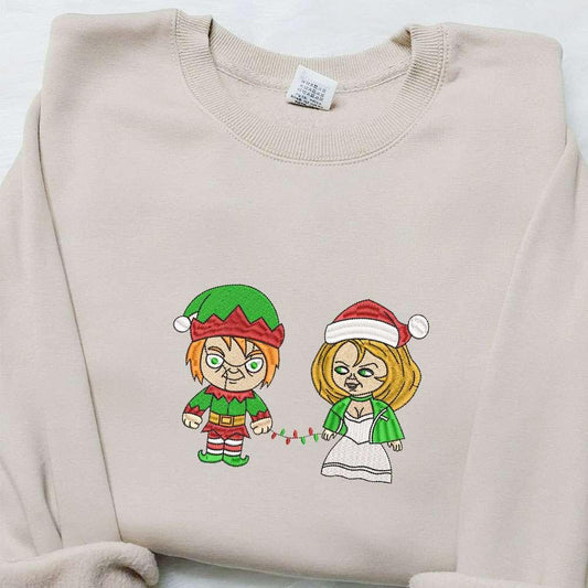 Chucky And Tiffany Elf Embroidered Shirt Halloween Embroidered Hoodie Christmas Embroidered Sweatshirt