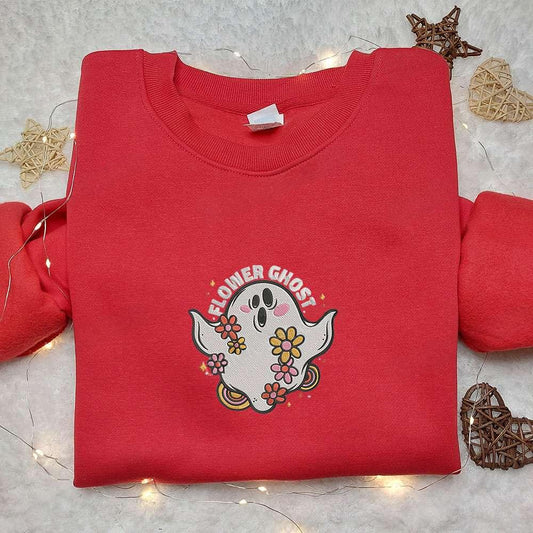 Flower Ghost Embroidered Sweatshirt Cute Halloween Embroidered Hoodie Best Halloween Gift Ideas