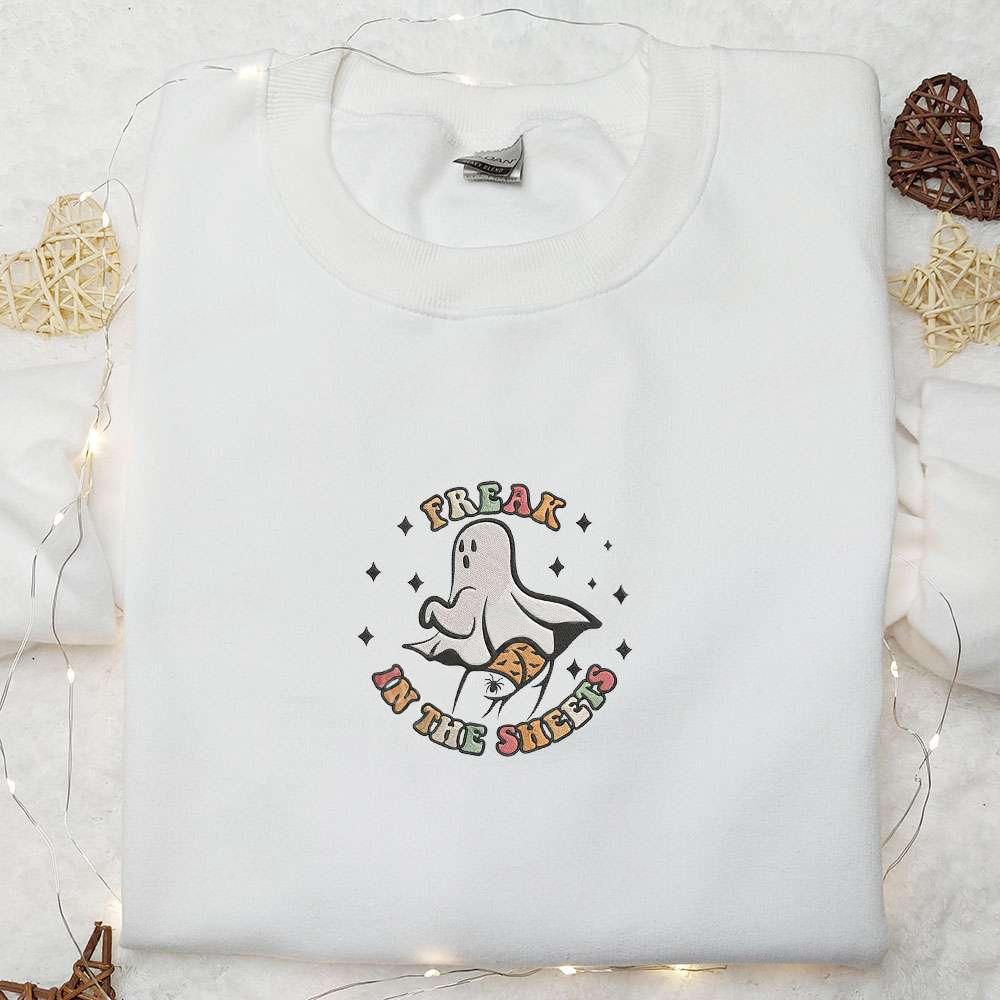 Freak In The Sheets Halloween Ghost Embroidered Sweatshirt Cute Halloween Embroidered Hoodie Best Halloween Gift Ideas