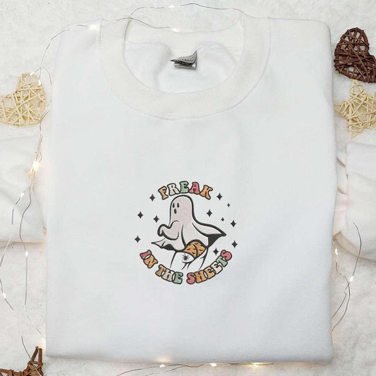 Freak In The Sheets Halloween Ghost Embroidered Sweatshirt Cute Halloween Embroidered Hoodie Best Halloween Gift Ideas