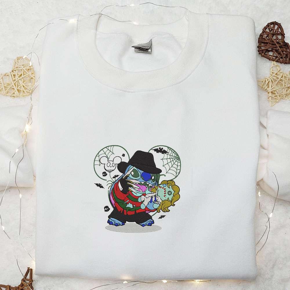 Freddy Krueger x Stitch Doll Disney Embroidered Sweatshirt Silhouette Horror Movies Embroidered Hoodie Disney Halloween Embroiderd Shirt