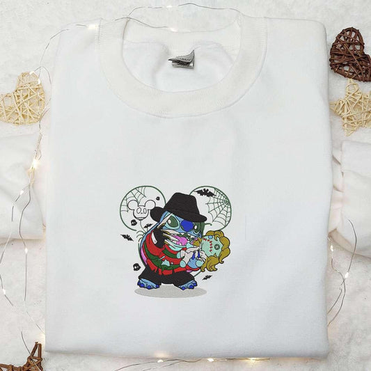 Freddy Krueger x Stitch Doll Disney Embroidered Sweatshirt Silhouette Horror Movies Embroidered Hoodie Disney Halloween Embroiderd Shirt