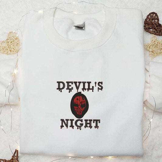 Devils Night Skull Embroidered Sweatshirt Scary Halloween Embroidered Hoodie Best Halloween Gifts Ideas
